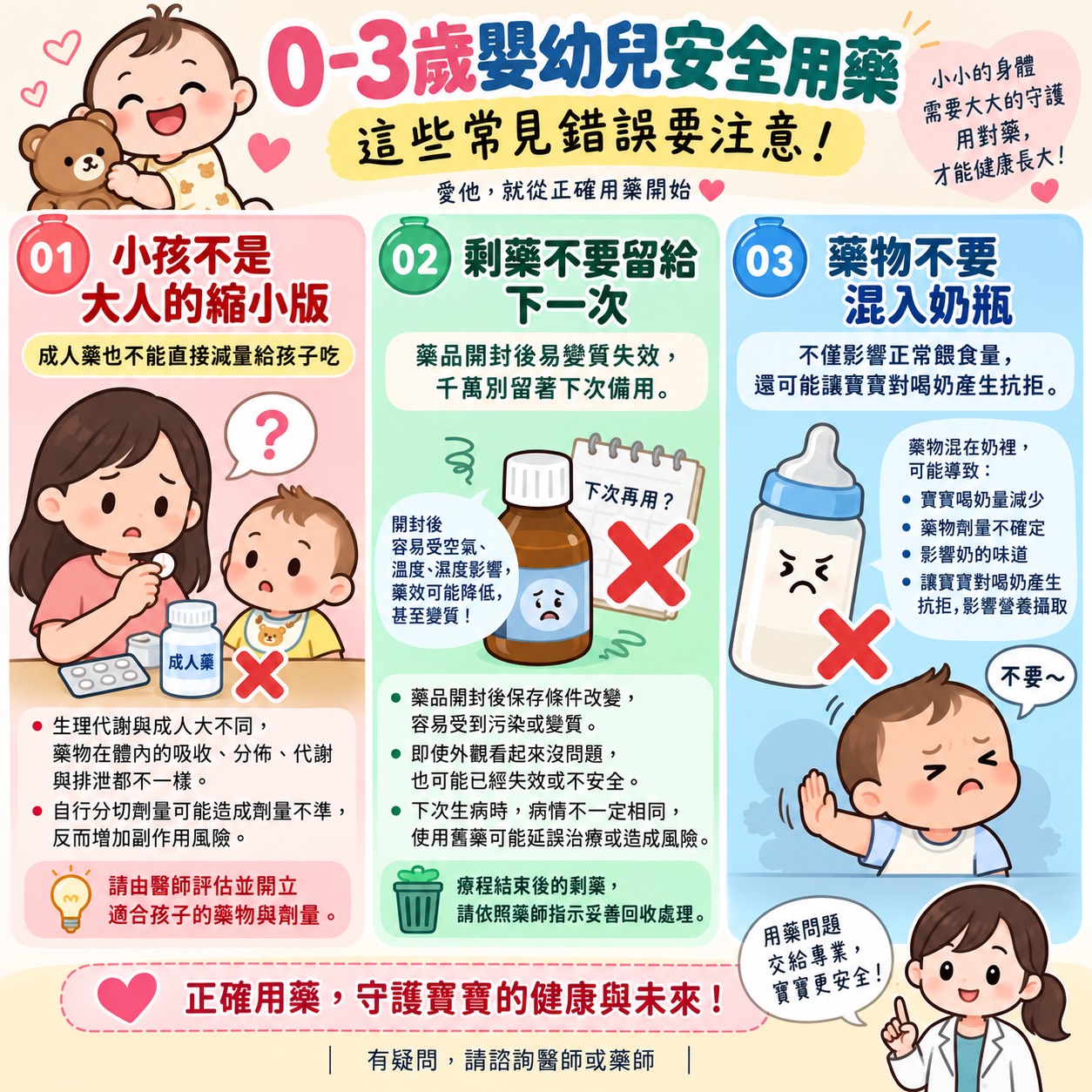 【健康宣導】0–3歲嬰幼兒安全用藥　這些常見錯誤要注意！宣傳圖片